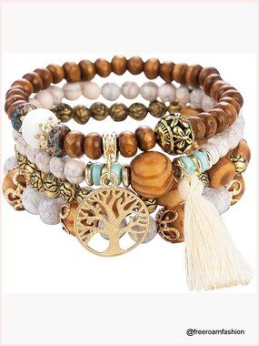 Adjustable Wood Beaded Bracelet Set Tree of Life Pendant Stackable Boho